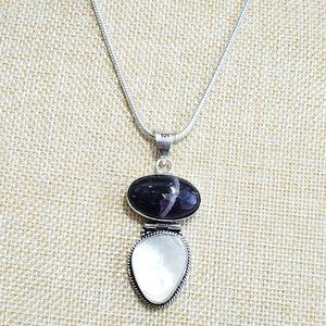 Mother of pearl necklace, 925 silver banded amethyst mother of pearl necklace